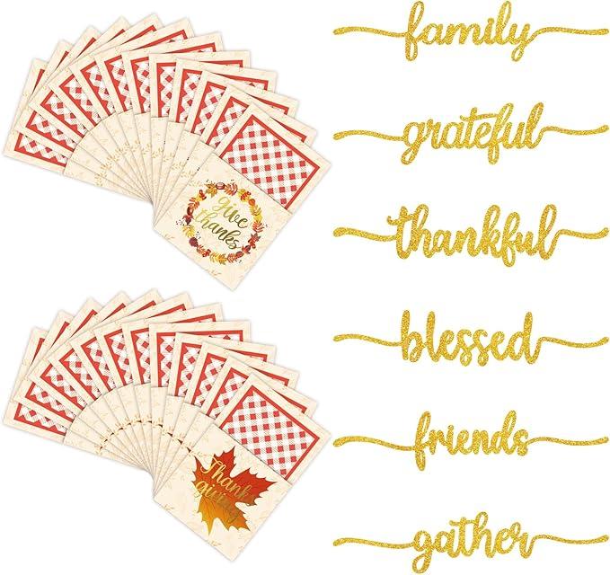 48 Pcs Thanksgiving Cutlery Holder Glitter Cutout Card Decor Thankful Words Friendsgiving Table Decorations Set Utensil Bags Gold Foil Give Thanks Pocket Decor for Fall Dinner Party Favors Autumn