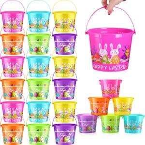 Nuogo 60 Pcs Plastic Easter Basket with Handles Bulk Colorful Small Cute Bunny Egg Hunt Buckets for Boys Girls Easter Goodies Party Favors Decorations