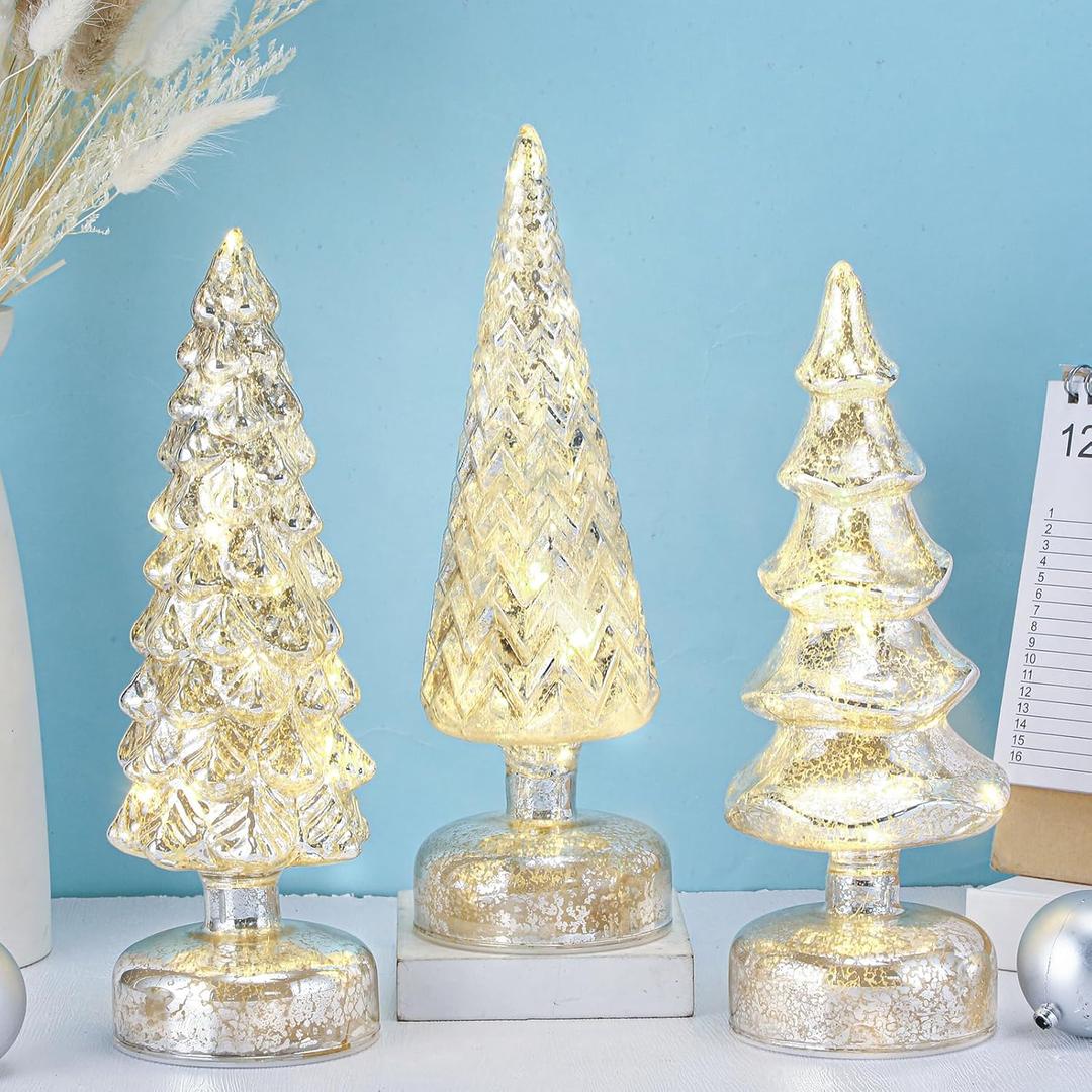 Retisee 3 Pcs Silver Illuminated Mercury Glass Christmas Tree Figurines with LED Lights Tabletop Lighted Xmas Tree Battery Operated Table Centerpiece for Holiday Fireplace Decor Winter Gifts(Radiant)