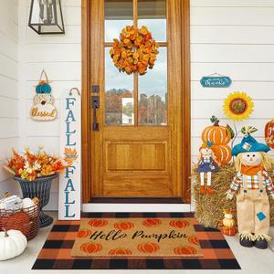 Fall Decor Door Mat Combo Set, Hello Pumpkin Coco Coir Welcome Doormat + 28" x 43" Orange and Black Plaid Rug, Autumn Thanksgiving Front Porch Entryway Decor Floor Mats