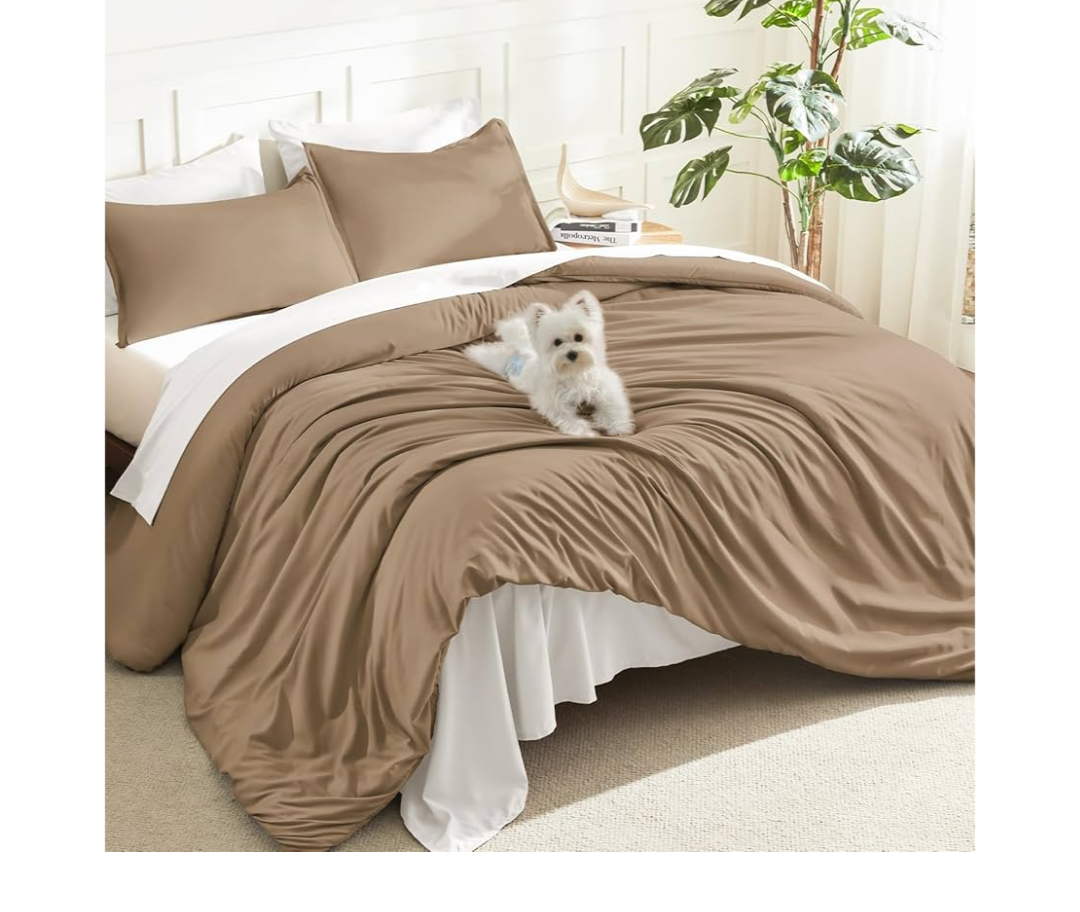 Litanika Taupe Comforter Set Full Size, 3 Pieces Solid Bedding Comforter Set, All Season Fluffy Bed Set (79x90In Comforter & 2 Pillowcases)