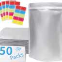 50 Pack 8.6 Mil 6''x9'' Mylar Bags for Long-term Food Storage with 50 Labels, Resealable Smell Proof Heat Sealable Bags for edible packaging, Strong Sealing Stand-up Foil Pouch Bag for Tea Dry Food