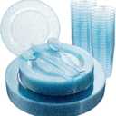 Rubtlamp 180Pcs Blue Glitter Dinnerware Set(30 Guests), Blue Plastic Plate With Gitter Disposable Silverware, Gitter Plate Set Include 30Dinner Platos, 30Dessert Platos, 90Cutlerys, 30Cups for Party
