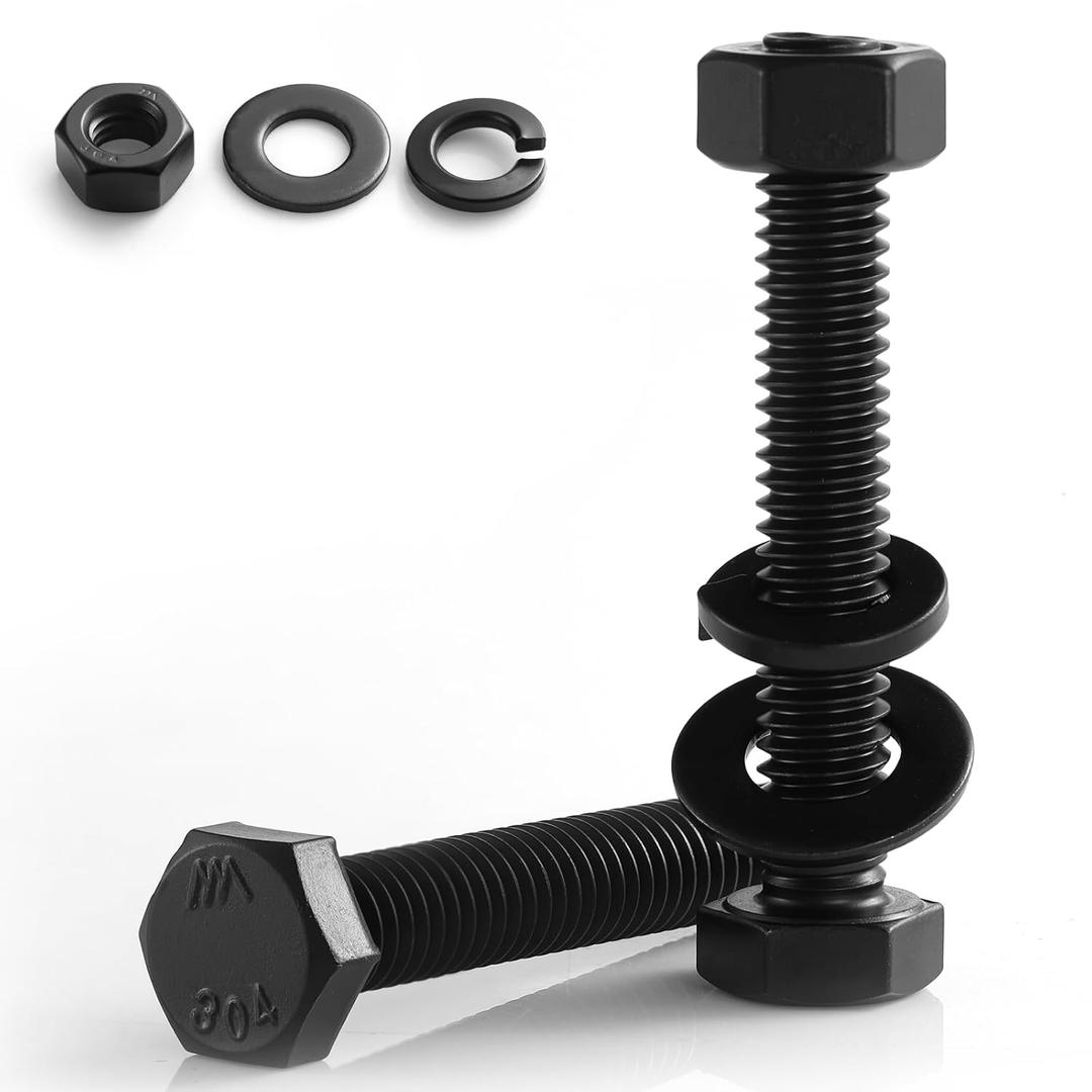 1/4-20 x 5 Hex Head Screws Bolts,Hex Nuts,Flat & Lock Washers,304 Stainless Steel 18-8,Black Zinc Plated,Fully Threaded(12 Sets)