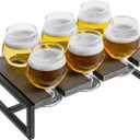 MyGift 7 Pcs Whiskey Sampler Flight Board Tasting, Beer Gift Set, Server Tray with 6 Small Snifter Sipping Glasses, Urban Industrial Vintage Gray Weathered Solid Wood and Black Metal