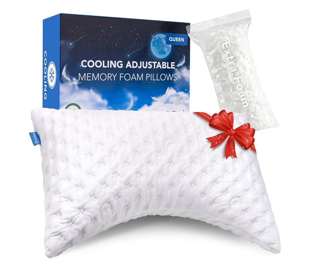 Cooling Side Sleeper Pillow for Neck and Shoulder Pain, Luxury Shredded Memory Foam Curved Bed Pillows for Sleeping Set of 1- Adjustable Queen Size- Washable Cover Crescent White