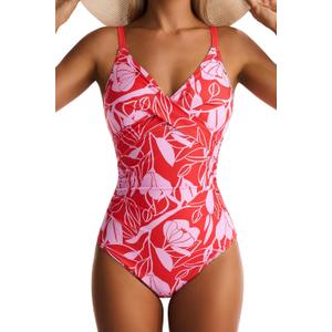 Women's One Piece Swimsuits Tummy Control Lace Up Bathing Suits V Neck Slimming Swim Suit Front Cross Wrap Swimwear, M