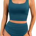 Women One Piece Tankini Swimsuits - Crop Swim Top with High Waisted Bottom Tummy Control Bathing Suits Swimwear S Blue Green
