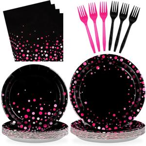 96Pcs Hot Pink and Black Party Supplies Black and Pink Birthday Plates and Napkins Tableware Sets Girls Night Party Decoration for Bachelorette Pajama Wedding Bridal Baby Shower Decorations Serves 24