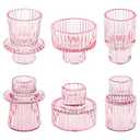 NEOEGOR Taper Votive Candle Holder for Pillar Candles Tealight, Candlestick Holder for Wedding Christmas Tea Party, Boho Ribbed Vintage Crystal Glass Table Centerpiece Decor, Bulk Set of 6 (Pink)
