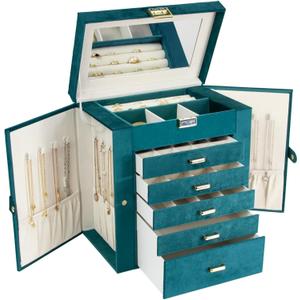 KAMIER Jewelry Box for Women, 6-Layer Large Jewelry Organizer Box with Mirror & 5 Drawers for Rings, Earrings, Necklaces, Bracelets,Velvet Peacock Blue