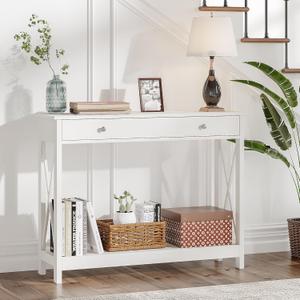 Treocho White Console Table with Drawer and Storage Shelves, Foyer Sofa Table Narrow for Entryway, Living Room, Hallway (40.1"W*11.82"D*30.92" H)