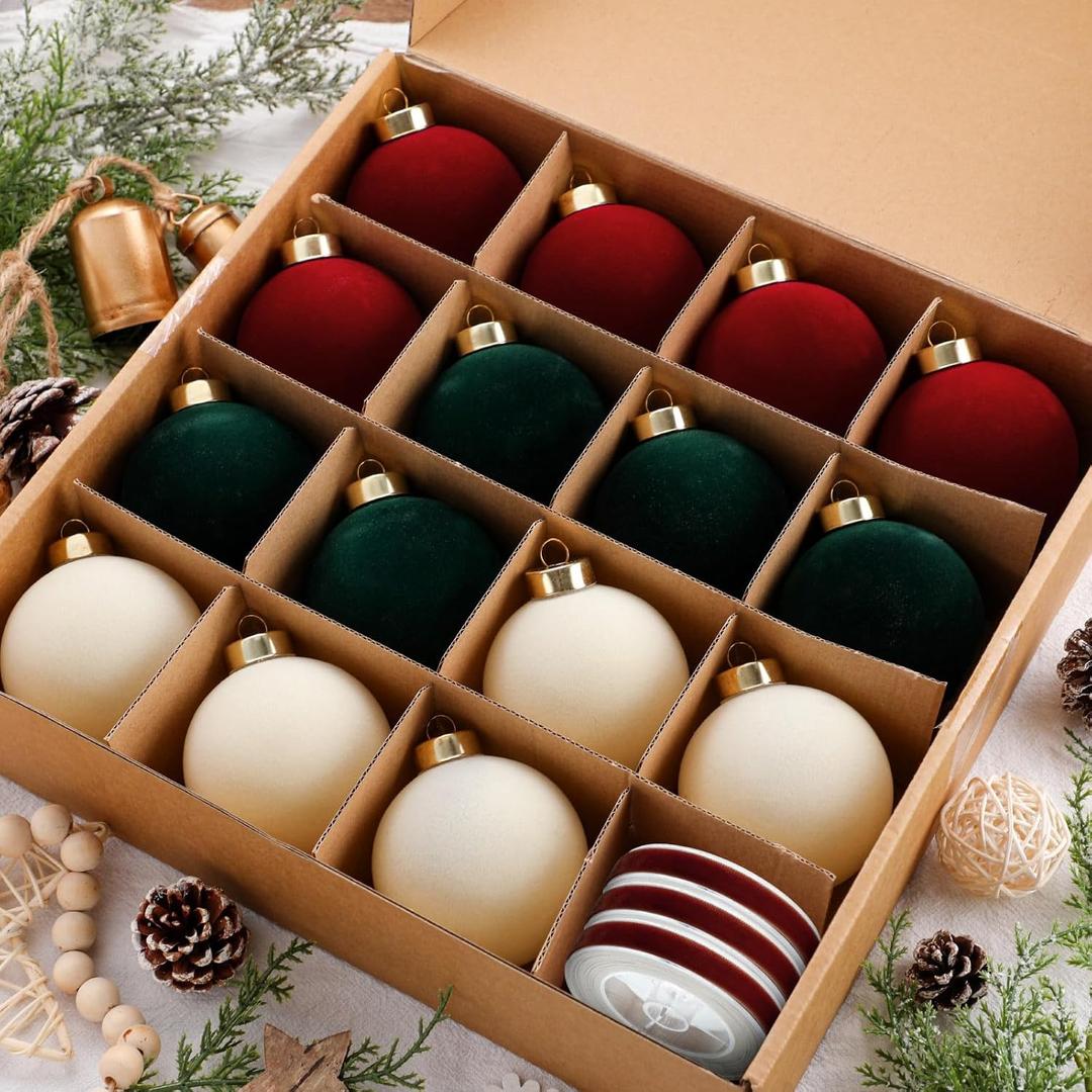 15 Pcs Velvet Christmas Ball Ornaments 3.15 Inch Flocked Christmas Tree Decorations with 10 Yards Velvet Ribbon Red Green Cream Shatterproof Xmas Baubles for Tree Holiday Decor