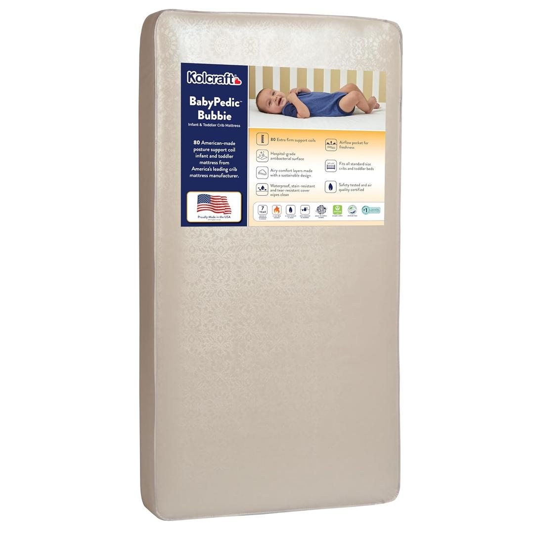 Kolcraft BabyPedic Bubbie Waterproof Crib and Toddler Mattress, Extra-Firm Coil Support, Breathable Comfort, Non-Toxic, GREENGUARD Gold Certified, Made in USA, 52x28, Natural