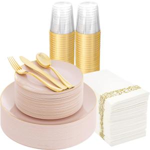 Supernal 350pcs Pink Plastic Plates,Plates Disposable Heavy Duty,Pink Disposable Plastic Dinnerware Set Include 50 Dinner Plate,50 Dessert Plate,50 Gold Cutlery,50 Cups&50 Napkins for Party&Wedding
