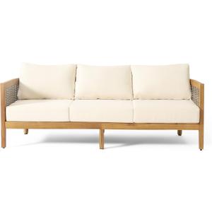 Burchett Outdoor 3 Seater Sofa with Cushions - Acacia Wood and Round Wicker - Teak/Mixed Brown/Beige