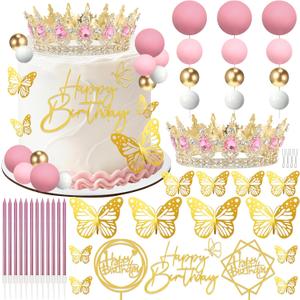 AMZVALU Corona Para Pastel, Crown Cake Topper, 3 Happy Birthday Cake Toppers, Balls Candles Butterflies Cake Decorations, Birthday Crown for Women Queen Princess Party Wedding (Gold, Pink)