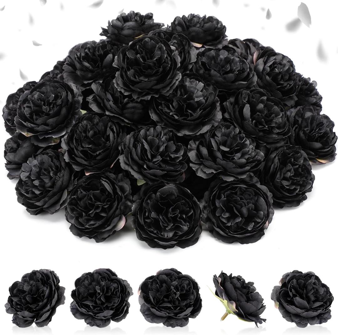 50 Pcs Artificial Flowers, 3.2 Inches Silk Rose Head Flowers Fake No Stem for Wedding Bridal Bouquet Home Floral Decor DIY Centerpieces Arrangements Party Tables Decorations(Black)