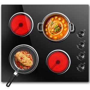 24 Inch Electric Cooktop, Nefaracy 6000W Electric Stove with 4 Burner, Built-in Radiant Electrical Cooktop with Knob Control, 9 Power Levels, Overheat Protection & Hot Warning, 220V Hard Wire (24 Inch Knob)