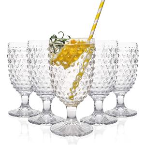 Hobnail Drinking Glasses Goblet Water set of 6, 13 oz Iced Tea Glasses Ideal for Soda Wine Milk Coke Juice and Beer Perfect for Weddings Parties Bars (Crystal Clear)
