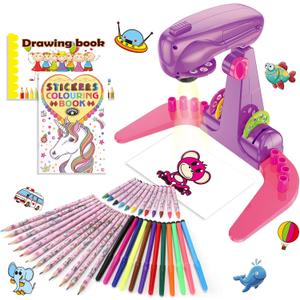 Hoarosall Drawing Projector for Kids, Art and Craft Kit, Toys for Girls Aged 3+, Drawing Supplies, Including Colored Pencils, Crayons, Coloring Books, Gift for 3+ Year Old Girls (Purple)
