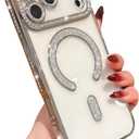 for iPhone Case,Plating Electroplated Glitter Bling Sparkle Diamond Frame Magnetic Case for iPhone, Compatible with MagSafe Wireless Charging (Silver,iPhone 17 Pro Max)