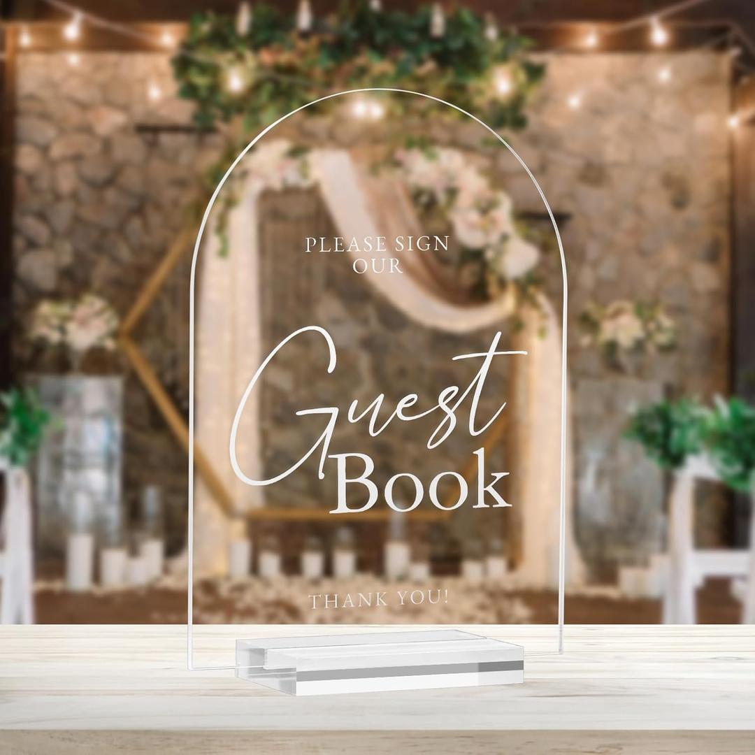Acrylic Arch Guest Book Sign, 5x7 Inch Clear Wedding Cards 1/8" Thick and Stand, Modern Calligraphy White Lettering Arched Acrylic Cards for Wedding (Please Sign Our Guest Book, 5x7 Inch)