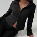 ECHOINE Women Button Down Shirts Long Sleeves Slim Fitted Casual Collared Blouses Work Striped Tops (Black) XL