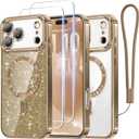 Meifigno Designed for iPhone 17 Pro Case 6.3", [Glitter Card & Wrist Strap] [Compatible with MagSafe] [2X HD Screen Protectors] Surround Raised Lens Protection for 17 Pro Case Women, Desert Titanium