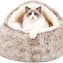 Calming Dog Beds & Cat Cave Bed with Hooded Cover, Removable Washable Round Beds for Small Medium Pets, Anti-Slip Faux Fur Fluffy Coved Bed for Improved Sleep, Fits up to 15/25 lbs (Small, 20"x20") (Coffee)