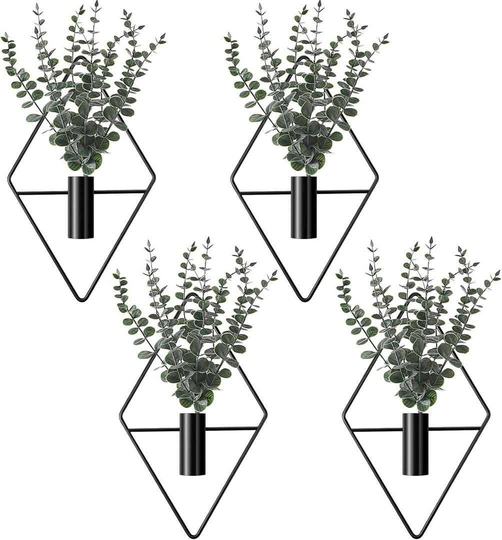 Jexine 4 Pcs Plant Wall Decor Diamond Shape Hanging Planters with Artificial Plants Geometric Wall Decor Metal Hanging Vase Indoor Holder for Living Room Bathroom Home(Eucalyptus)