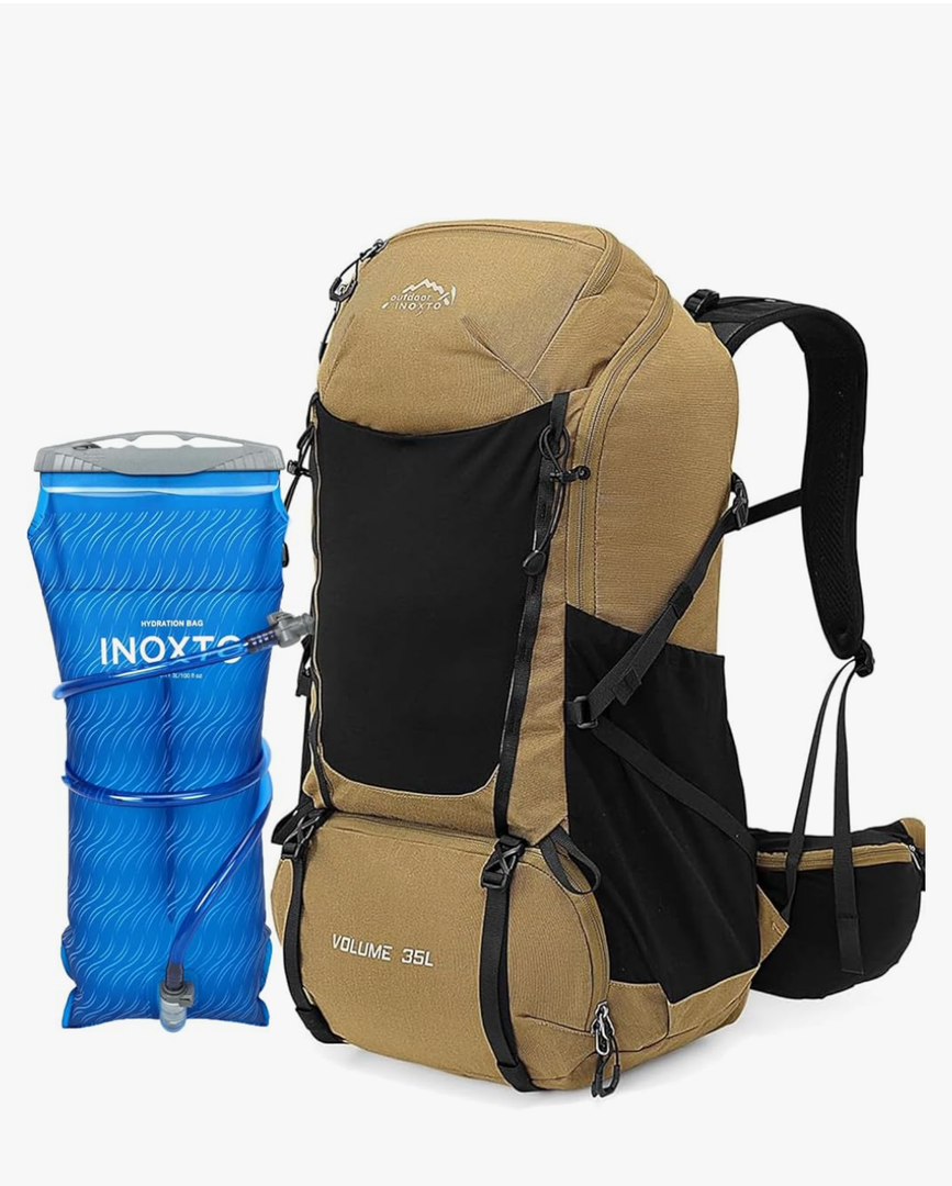 INOXTO 35L Hiking Backpack with 3Lwater bladder, Camping Backpack with Waterproof Rain Cover for Men, Outdoor Sport Travel Daypack for Climbing (Khaki 2)