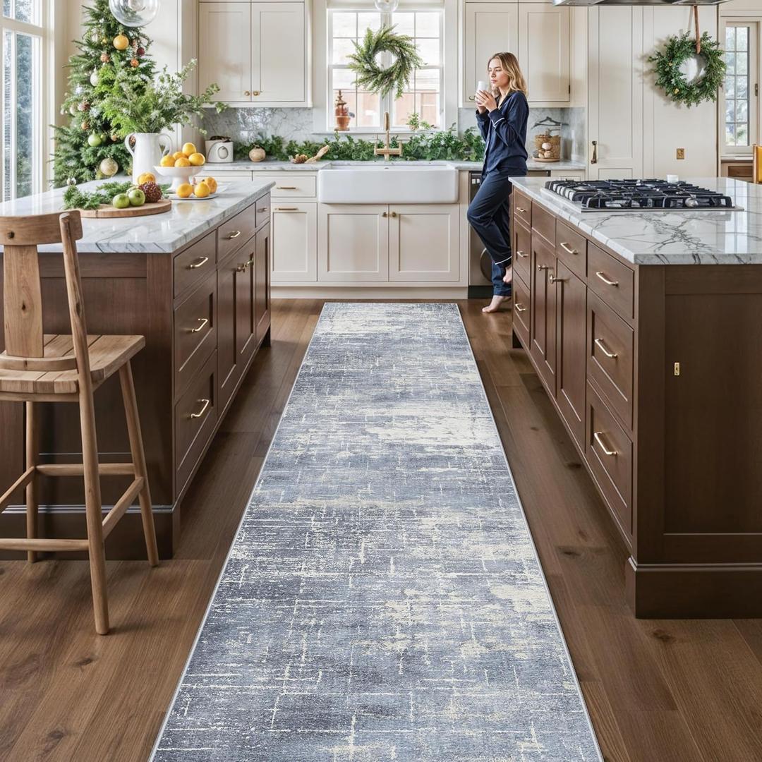 Washable Abstract 14ft Runner Rug: Non-Slip Low-Pile Rug Runner Soft Beside Carpet Indoor Farmhouse Entryway Floor Mat Bathroom Living Room Stain Resistant Area Rugs Cozy Home Decor(2'6x14,Blue/ivory)