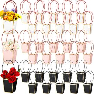 Geelin 30 Pack Flower Paper Gift Bag - Bouquet Portable Flower Handbag Waterproof Box with Handles for Arrangements - Wedding Gift Florist Bag for Valentines (Novel, Black, Pink, White)