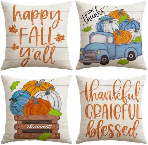 Pack of 2 Artscope Fall Decorative Throw Pillow Covers 20x20 Inch Set of 4, Happy Fall Pumpkin Truck Thankful Grateful Blessed Outdoor Farmhouse Pillow Cases for Home Sofa Couch-Orange Beige