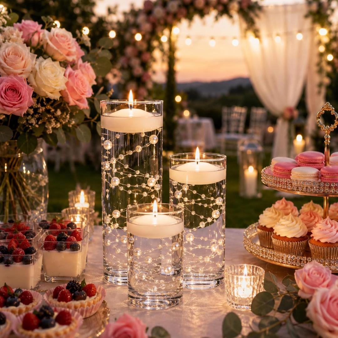 Centerpieces for Tables 24PCS, Floating Candles, Glass Vases, Pearl Strings