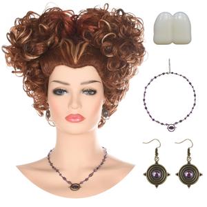 morvally Adult Women Halloween Costume Wig with Necklace Earrings and Teeth Short Reddish Brown Pre-styled Synthetic Wig for Witch Sisters Cosplay Halloween Party
