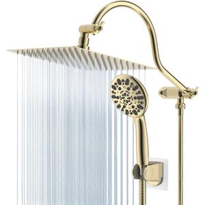Hibbent All Metal Shower Head, 10'' High Pressure Rainfall Shower Head/Handheld Gold Showerhead Combo with 12'' Adjustable Shower Extension Arm, 7-Spray, 71'' Hose Showerhead Holder, Polished Brass