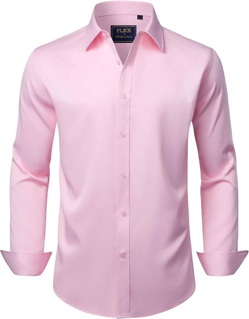 J.VER Men's Dress Shirts Solid Long Sleeve Stretch Wrinkle-Free Formal Shirt Business Casual Button Down Shirts (Pink, XXL)
