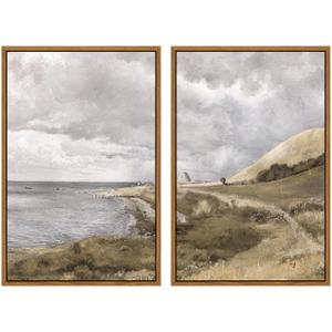 InSimSea 2 Pcs Framed Wall Art Vintage Coastal Decor, Summer Scenery Pictures Above Bed, Canvas Prints, Living Room, Bedroom, Office Retro Farmhouse Earthy Decor, 16x24inch, Set of 2