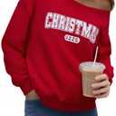 UNIQUEONE Christmas Sweatshirts for Women off Shoulder: Merry Crewneck Sweater Xmas Long Sleeve Pullover Top (Medium, Red)