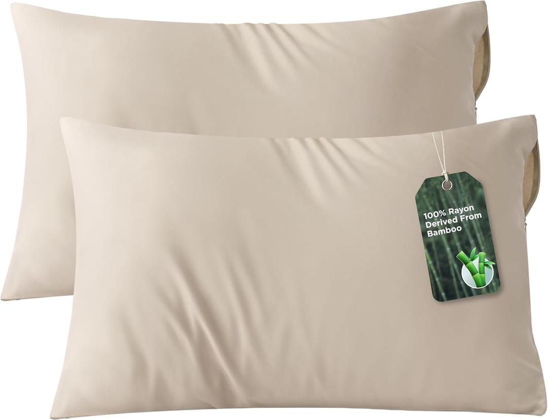 Bedsure Zipper Pillow Cases Queen, Cooling Pillow Cases Queen Size Set of 2, Rayon Derived from Bamboo Cooling Pillowcases for Hot Sleepers, Soft & Breathable Bed Pillow Covers, Beige, 20x30 Inches