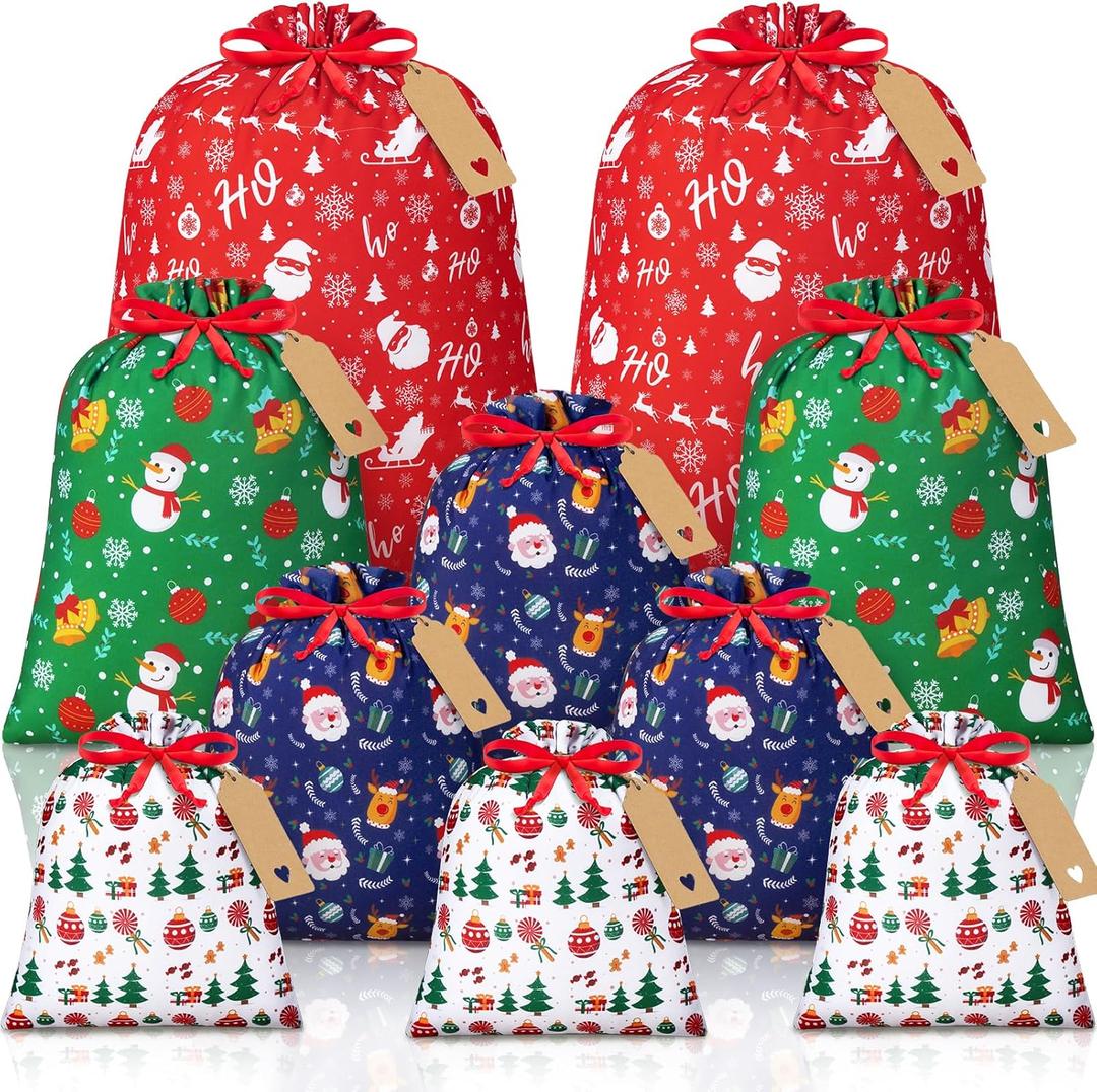 10 PCS Christmas Drawstring Gift Bags with Tags, Xmas Gift Bags Assorted Sizes Bulk, Large Medium Small Holiday Gift Bag Cotton Fabric Gifts Wrapping Bag for Christmas Presents Party Favor Goody Sack (Colorful Pack)