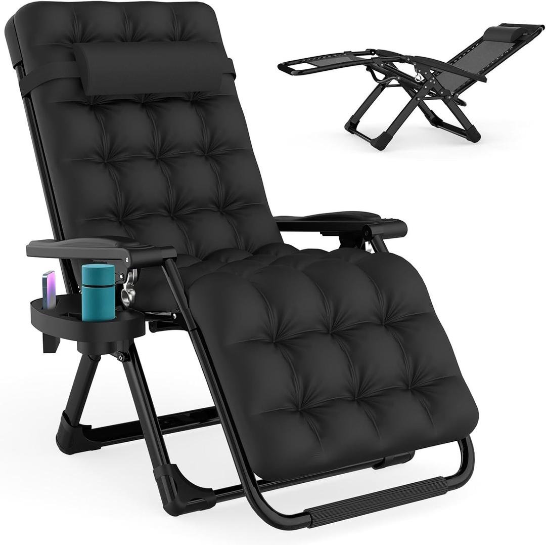 ZENPETIO Zero Gravity Chair with Removable Cushion, Reclining Camping Chair with Cup Holder, Anti Gravity Lounge Chair for Indoor and Outdoor (Black)