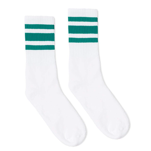 2 Pack White with Teal Stripe Crew Socks Made in USA