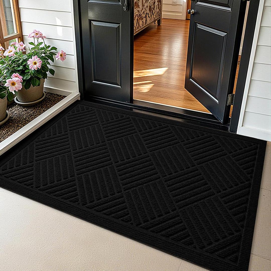 PLEASOR Front Door Mat Outside Entrance, Dirt Resistant and Absorbent Welcome Door Mat Outdoor Indoor,Sturdy Non-Slip Backing Entry Mat, Fade Resistant, Low Profile Doormat for Entryway, 29x17, Black