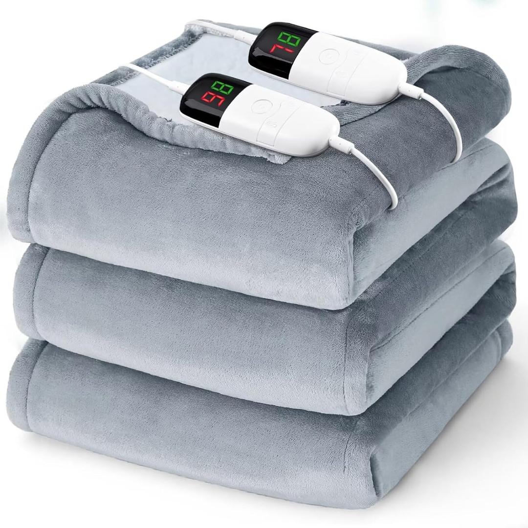 Heated Electric Blanket Queen Size - 84" x 90" Heating Blanket with Dual Control, 10 Heating Levels & 8 Hours Auto Off, Soft Warm Flannel Gift Blanket with Over-Heat Protection, ETL & FCC Certified (Ivory Gray)