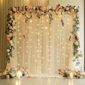 Tulle Backdrop Curtain with Lights String 10FT X 8FT Champagne Sheer Tulle Backdrop Curtains for Wedding Birthday Party Reception Photo Booth Background Decorations (2 Panels 5x8FT)