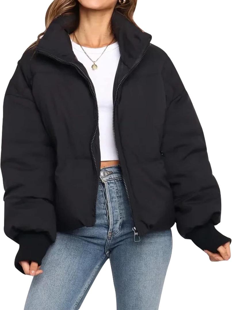 Gihuo Womens Winter Cropped Puffer Jacket Coat Short Warm Quilted Jacket (Medium, Black)