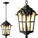 Outdoor Pendant Light Dusk to Dawn for Porch,Anti-Rust Aluminum Outdoor Chandelier, Waterproof Exterior Hanging Lighting Fixtures with Ripple Glass for Front Door, Gazebo, Black Finish with Gold Edges (Pack of 1)